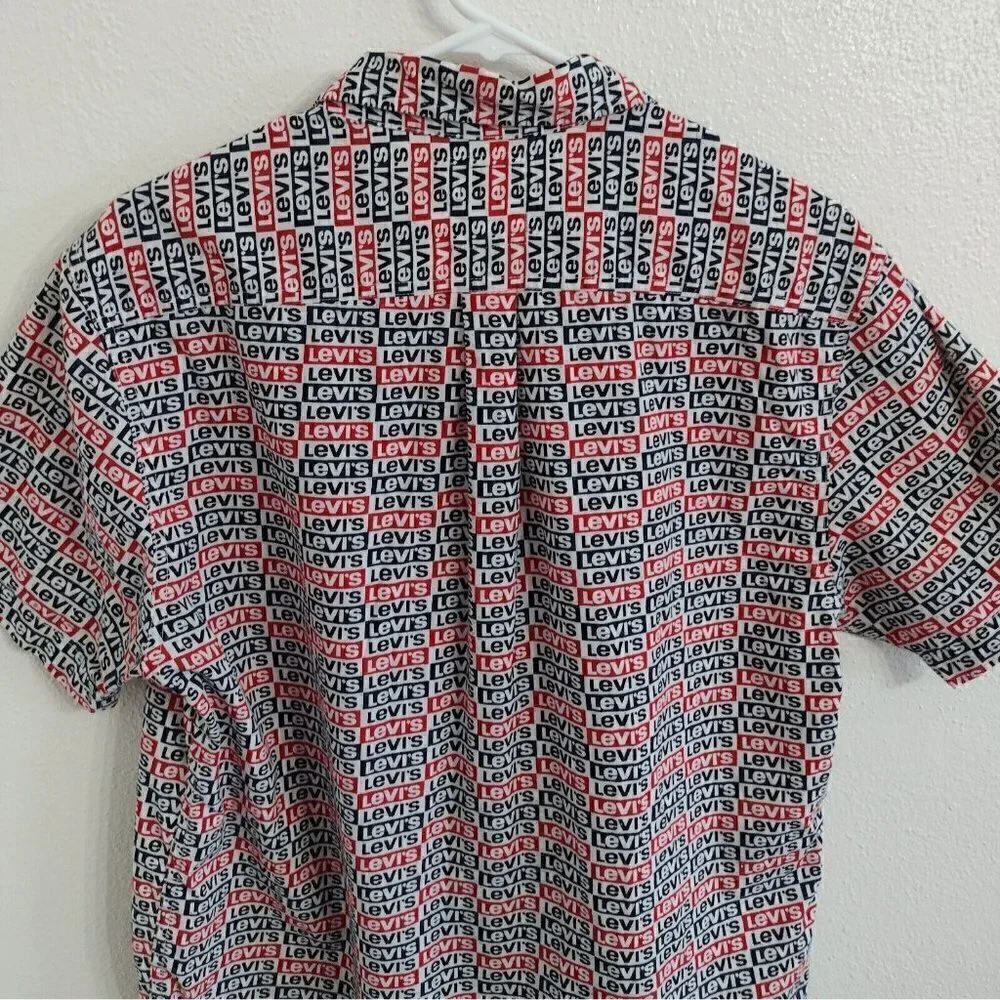 Levis Classic Retro Logo Pattern Button Down Shirt Short Sleeve Mens Medium
